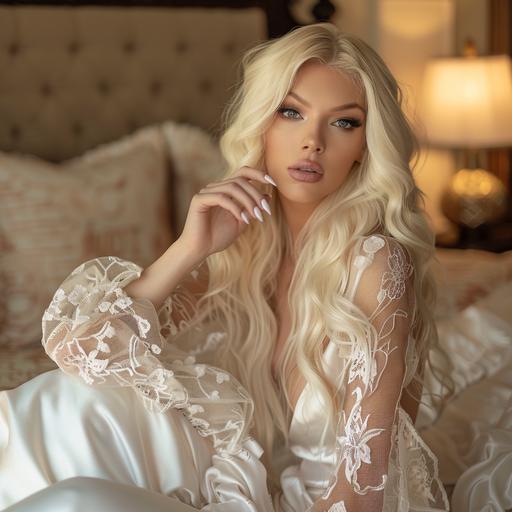 Capture the essence of confidence in a striking image featuring a blond American woman. Picture her raw body wave lace front with a natural hairline exuding sophistication. Adorned in a full glam look with white nails, position her by a luxurious bed, gazing confidently into the camera. This visual prompt seeks to portray power, style, and a sense of command in an intimate setting.