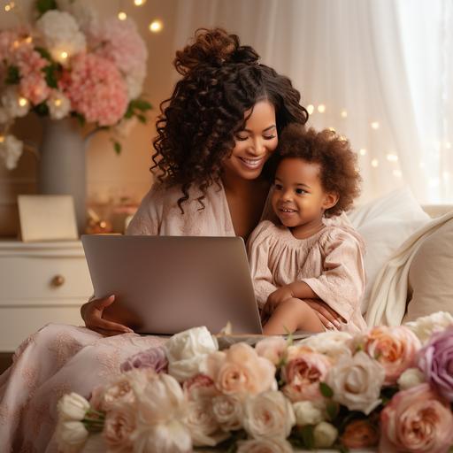 Capture the essence of empowered motherhood with this captivating photo promoting our groundbreaking ebook. The image showcases a strong, confident, and successful mom surrounded by her loving family, symbolizing the perfect blend of professional achievement and family harmony. In the photo, the mom is seen confidently working on her laptop, exuding power and determination. She is seated in a cozy, beautifully decorated home office, creating a sense of calm and comfort. The room is filled with natural light, signifying a positive and uplifting environment. The family is positioned around her, showcasing the strong bond between mother and children. Their expressions convey happiness, love, and support. The children are engaged in an activity that represents quality time spent together, such as reading a book or playing a board game. To emphasize success, add visual elements that represent financial prosperity, such as a stack of money or a graph showing impressive earnings. This will catch the viewer's attention and reinforce the message that our ebook can help moms achieve financial success while prioritizing their families. The overall composition of the photo should be visually striking, with vibrant colors and a clean, professional look. Consider using contrasting colors to make the image pop and draw attention on social media platforms like Facebook. create an image that resonates with our target audience, evoking a sense of empowerment, calm, and success.