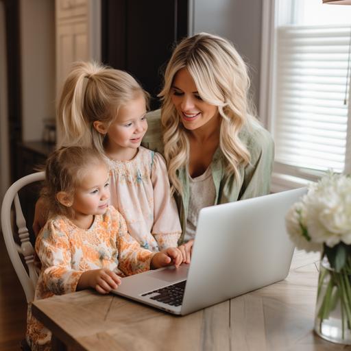 Capture the essence of empowered motherhood with this captivating photo promoting our groundbreaking ebook. The image showcases a strong, confident, and successful mom surrounded by her loving family, symbolizing the perfect blend of professional achievement and family harmony. In the photo, the mom is seen confidently working on her laptop, exuding power and determination. She is seated in a cozy, beautifully decorated home office, creating a sense of calm and comfort. The room is filled with natural light, signifying a positive and uplifting environment. The family is positioned around her, showcasing the strong bond between mother and children. Their expressions convey happiness, love, and support. The children are engaged in an activity that represents quality time spent together, such as reading a book or playing a board game. To emphasize success, add visual elements that represent financial prosperity, such as a stack of money or a graph showing impressive earnings. This will catch the viewer's attention and reinforce the message that our ebook can help moms achieve financial success while prioritizing their families. The overall composition of the photo should be visually striking, with vibrant colors and a clean, professional look. Consider using contrasting colors to make the image pop and draw attention on social media platforms like Facebook. create an image that resonates with our target audience, evoking a sense of empowerment, calm, and success.