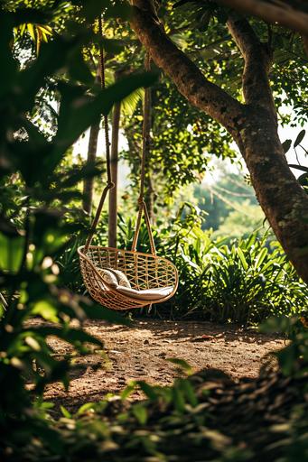 Captured through a wide-angle lens, a rattan swing hangs from a sturdy tree branch, surrounded by the lush greenery of a tropical paradise. The negative space frames the intricate rattan design, emphasizing the simplicity and tranquility of this secluded rattan haven, inviting viewers to appreciate the artistry in nature's embrace --ar 2:3 --v 6.0