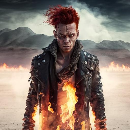 self immolating punk rock male flowing red hair, pose, desert, fire all around, on fire, epic pose, flaming clothes, leather jacket, belts, spikes, standing on salt flats, intense face, glare, cinematic, action shot, HD