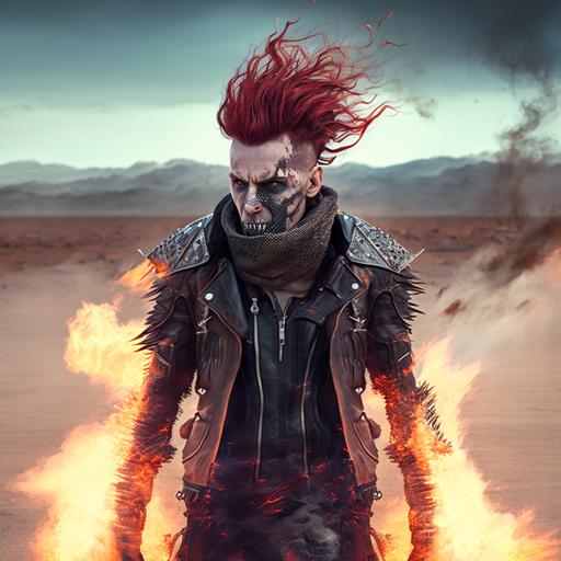 self immolating punk rock male flowing red hair, pose, desert, fire all around, on fire, epic pose, flaming clothes, leather jacket, belts, spikes, standing on salt flats, intense face, glare, cinematic, action shot, HD