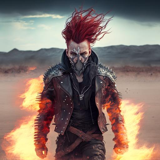 self immolating punk rock male flowing red hair, pose, desert, fire all around, on fire, epic pose, flaming clothes, leather jacket, belts, spikes, standing on salt flats, intense face, glare, cinematic, action shot, HD