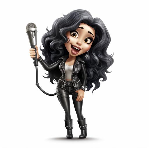 Caricature Unbelievable funny, Cher, leather jacket, singing into a microphone, cartoon character, extremely animated, whole image, white background, 8k