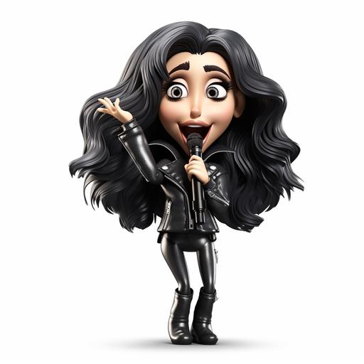 Caricature Unbelievable funny, Cher, leather jacket, singing into a microphone, cartoon character, extremely animated, whole image, white background, 8k