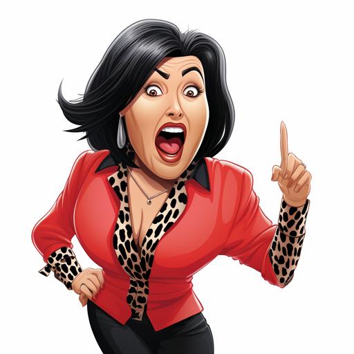 Caricature Unbelievable funny, Kat Slater from BBC Eastenders, leopard print blouse, confused laugh, cartoon character, extremely animated, pixar character style, whole image, white background, 8k, extreme detail