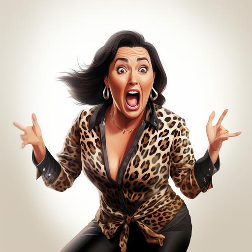 Caricature Unbelievable funny, Kat Slater from BBC Eastenders, leopard print blouse, confused laugh, cartoon character, extremely animated, pixar character style, whole image, white background, 8k, extreme detail