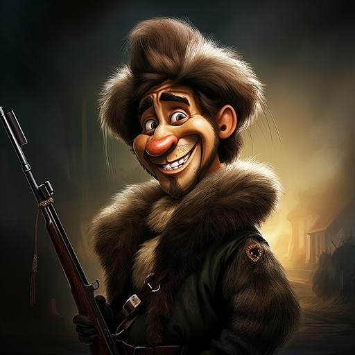 Caricature Unbelievably funny, Caricature of Davy Crockett, holding a rifle, wearing a furry cossack fur hat