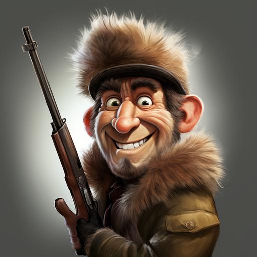 Caricature Unbelievably funny, Caricature of Davy Crockett, holding a rifle, wearing a furry cossack fur hat