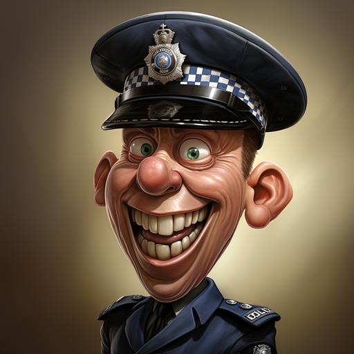 Caricature Unbelievably funny, Caricature of a UK police constable, wearing a helmet, funny expression