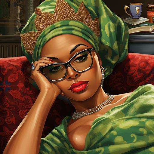 Caricature african American fine features woman wearing a rhinestone head wrap she’s wearing diamond frame square clear shades and has glam green eyeshadow glitter with almond shaped hazel eyes she’s sitting on her room floor in very luxurious Versace robe red and sliver colored with matching red slippers she’s sitting on large fuzzy white carpet she’s lighting up her sage and reading her notes her room is beautiful and luxurious fine colors deep lines intricate