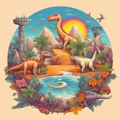 drawing with the number 3 in the center, surrounded by dinosaurs, dinosaur footprints, scratches, dinosaur scenery, colorful, hand drawing, childish, cute, nice, lovely, for children, solid background --s 750