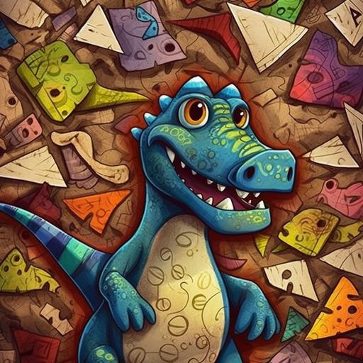 the letter 3, dinosaurs, colorful, very cute, close up, childish drawings, for children, dinosaur scene, dino footprints, scratches, solid background --s 750