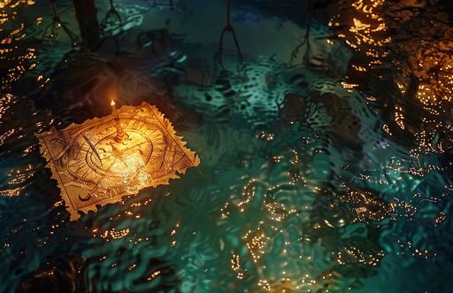 pirate map floating in shallow water, gold dabloon in the water, in style of victo ngai, view looking down, warm, realistic, detailed, full HD, 4k, cinematic lighting, UHD, Photography --ar 17:11 --v 6.0