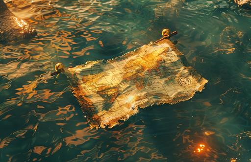 pirate map floating in shallow water, gold dabloon in the water, in style of victo ngai, warm, realistic, detailed, full HD, 4k, cinematic lighting, UHD, Photography --ar 17:11 --v 6.0