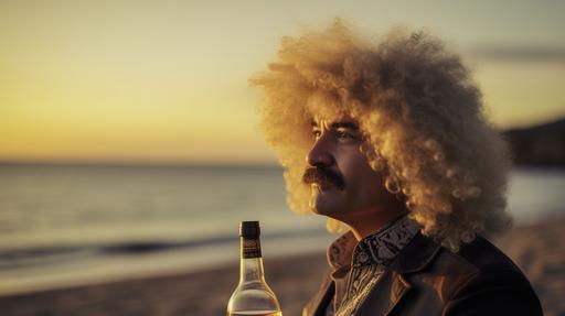 Carlos Valderrama with a huge, blonde extremely permed afro hair wig and a big blonde moustache, standing on the beach at sunset, looking thoughtful with a slight smile while holding a bottle of Old Parr whisky, taken using a Canon EOS R camera with a 50mm f/1.8 lens, f/2.2 aperture, shutter speed 1/200s, DOF, ISO 100 and natural light, Full Body, Hyper Realistic Photography, Cinematic, Cinema, Hyperdetail, UHD, Color Correction, hdr, color grading, 4:5 - upbeta - g 2