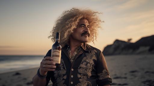 Carlos Valderrama with a huge, blonde extremely permed afro hair wig and a big blonde moustache, standing on the beach at sunset, looking thoughtful with a slight smile while holding a bottle of Old Parr whisky, taken using a Canon EOS R camera with a 50mm f/1.8 lens, f/2.2 aperture, shutter speed 1/200s, DOF, ISO 100 and natural light, Full Body, Hyper Realistic Photography, Cinematic, Cinema, Hyperdetail, UHD, Color Correction, hdr, color grading, 4:5 - upbeta - g 2
