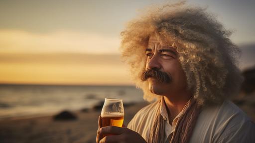Carlos Valderrama with a huge, blonde extremely permed afro hair wig and a big blonde moustache, standing on the beach at sunset, looking thoughtful with a slight smile while holding a whiskey lowball glass, taken using a Canon EOS R camera with a 50mm f/1.8 lens, f/2.2 aperture, shutter speed 1/200s, DOF, ISO 100 and natural light, Full Body, Hyper Realistic Photography, Cinematic, Cinema, Hyperdetail, UHD, Color Correction, hdr, color grading, 4:5 - upbeta - g 2