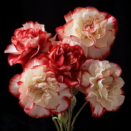 Carnations, the timeless blossoms of affection, unfurl their ruffled petals in a cascade of color and charm. Their intricate layers, soft and velvety to the touch, weave together shades of passionate reds, pure whites, sunny yellows, and the softest pinks, intricate, Dark Fantasy, Japanese print, top-down, 3D modeling, Bokeh, Performance, azure colors, Abstraction, hard lighting, Hyper-realistic