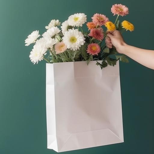 Carry a white gift bag with one hand, Paper bags, Rectangle, The bag contained flowers, The flowers are brightly colored, No background, Close-up, Realism --v 5.0