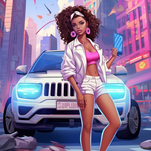 Cartoon A black woman with wavy hair. Wearing a white pleated skirt and blue and white varsity jacket. Shoes are pink and white Air jordans also wearing blue shades. Body is hyper realistic curves. She is standing in front of a white jeep with all white 28 inch rims in the street. The buildings in the back has neon lights and add smoke.