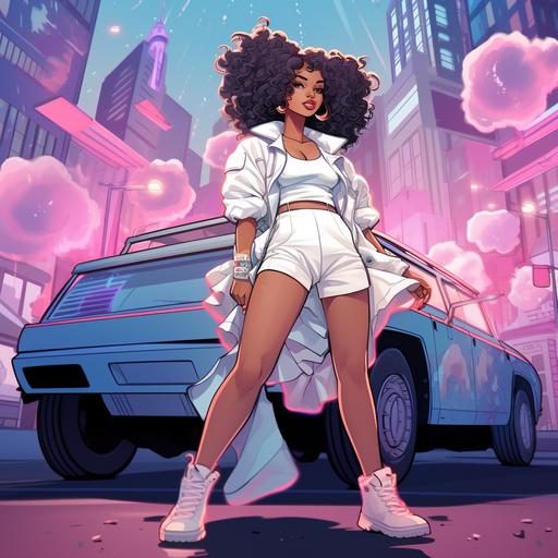 Cartoon A black woman with wavy hair. Wearing a white pleated skirt and blue and white varsity jacket. Shoes are pink and white Air jordans also wearing blue shades. Body is hyper realistic curves. She is standing in front of a white jeep with all white 28 inch rims in the street. The buildings in the back has neon lights and add smoke.