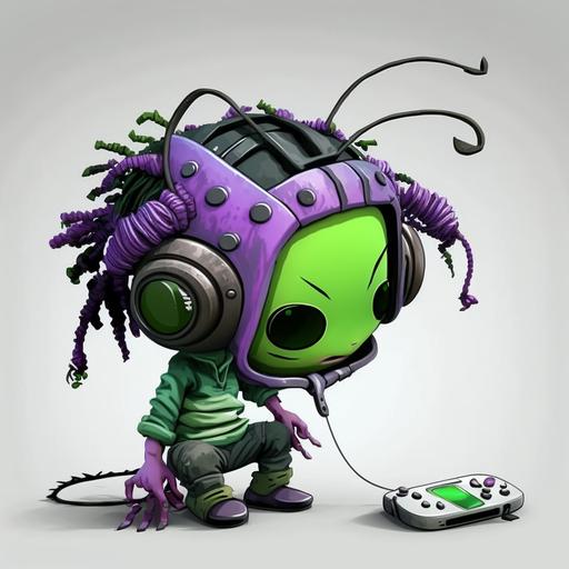 Cartoon Ant, with dreads over face, favorite colors are green purple, humanoid, gaming, chibi influenced, gaming tv, avi, wearing street clothes
