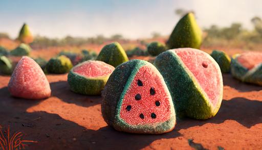 Cartoon, Australian Kimberlies, watermelon patch, background, environment,octane render, art, 32k, ultra detail, --ar 16:9 --uplight