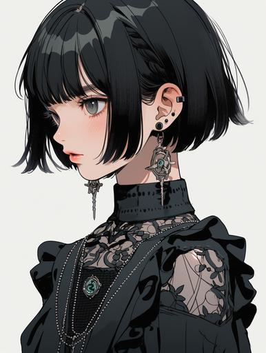 Cartoon Gothic art, a cute cartoon girl with black short hair, close-up shot of her upper body, front view, lacking details, flat illustration.Perfect details can be missed in the blink of an eye. --ar 3:4 --s 258 --niji 5
