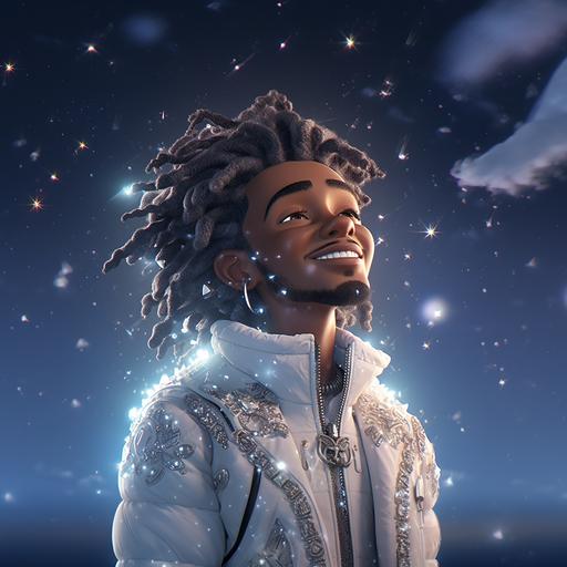 Cartoon afro character with dreadlocks teinted in white at the tips, nearly having a laughter, wearing a white shiny puffer jacket, galaxy sky background, high skin details, diamond jewels, chains, tattoo saying 
