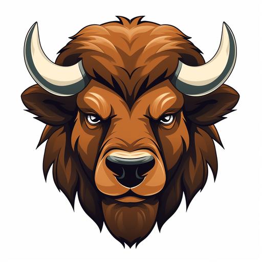Cartoon angry bison looking forward, head only, logo, white background