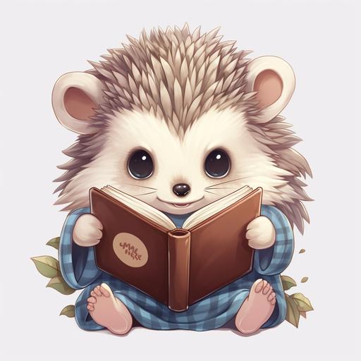 Cartoon anime style hedgehog reading a book, pastel colors