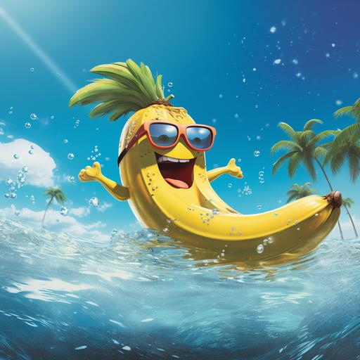 Cartoon art, banana figure wearing sunglasses while swimming in the sea