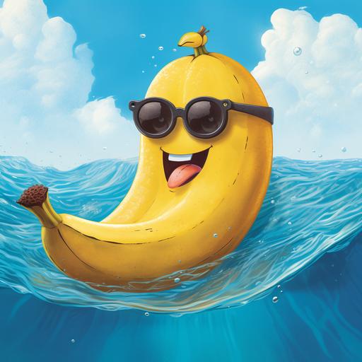 Cartoon art, banana figure wearing sunglasses while swimming in the sea