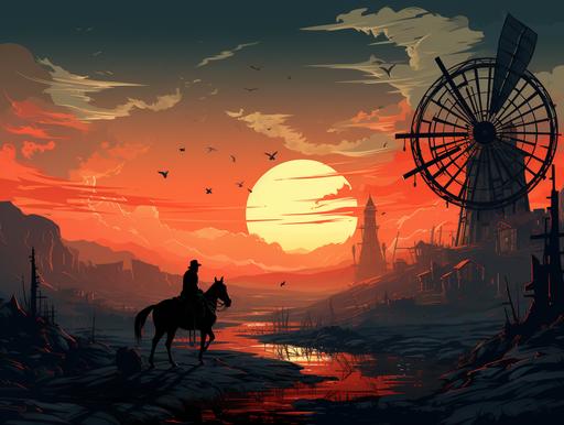 Cartoon background, Don Quixote's shadow on his donkey, in front of windmills, harmonious coloursو cartoon style, in the background of many symbols, --ar 4:3 --s 750 --q 2