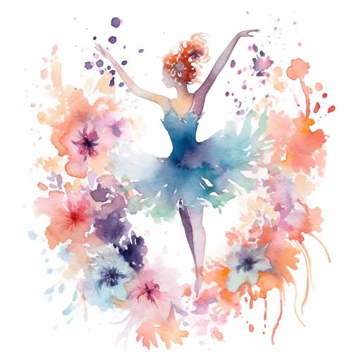 Cartoon ballerina dancing in flowers, watercolor style