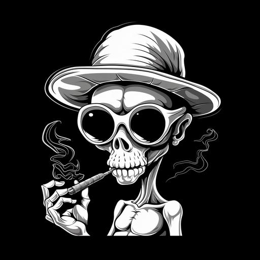 Cartoon character, Alien in fisherman's hat and sunglasses is holding a smoking joint, Cartoon character, Alien in fisherman's hat and sunglasses is holding a smoking joint, White on black vector, , graffiti art style, sticker with solid white outline 3px wid, 8k, White on black vector, , graffiti art style, sticker with solid white outline 3px wid, 8k