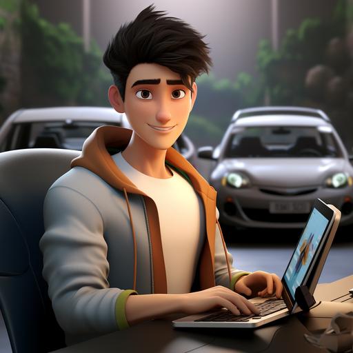Cartoon character Asian male tall handsome driving a white sports car designer left hand laptop computer right hand holding pencil short hair young handsome high nose bridge long face designer trendy casual wear 3Dmax model Pixar style
