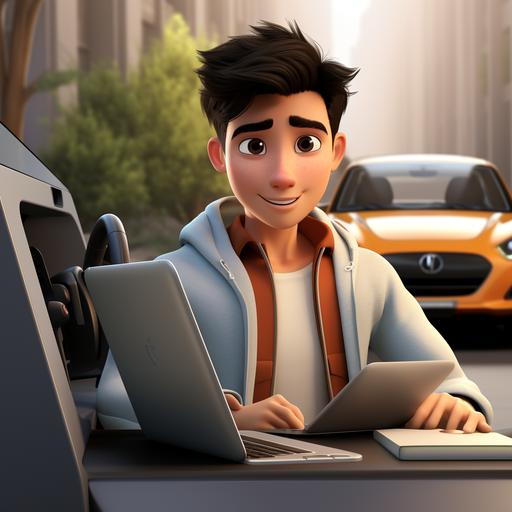 Cartoon character Asian male tall handsome driving a white sports car designer left hand laptop computer right hand holding pencil short hair young handsome high nose bridge long face designer trendy casual wear 3Dmax model Pixar style