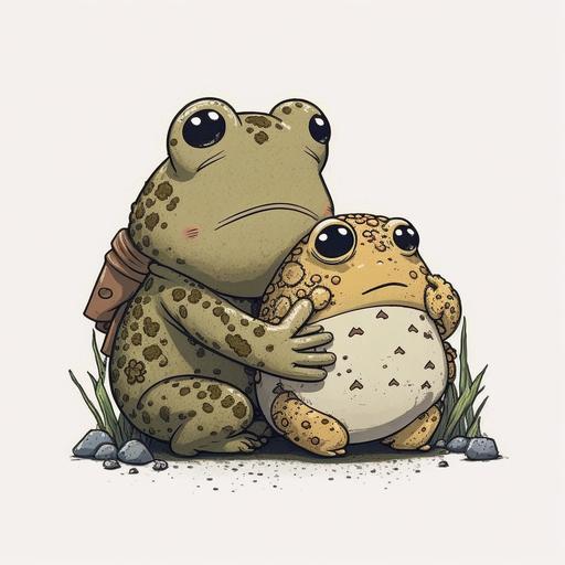 Cartoon drawn toad is sad, toad friend has a hand on his shoulder comforting him