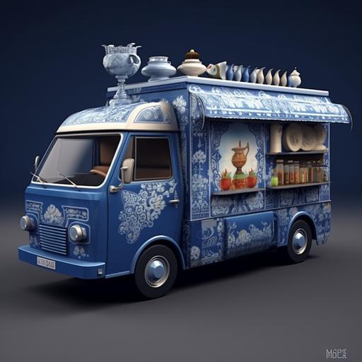 Cartoon fast food truck, designed in chinoiserie, blue style