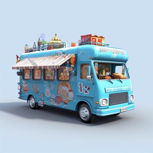 Cartoon fast food truck, designed in chinoiserie, blue style