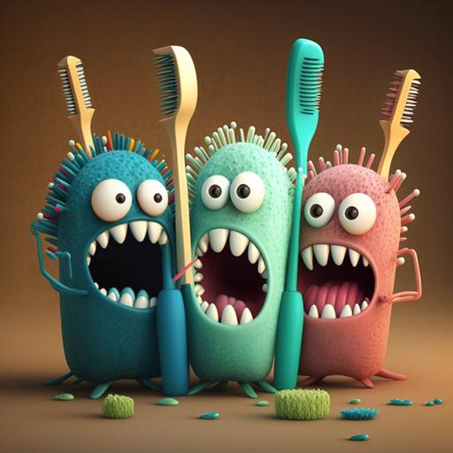 Cartoon germs on toothbrushes ready to attack. Merry melodies style