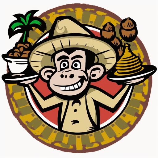 Cartoon logo as a monkey with Colombian straw hat and two plates of food each hand