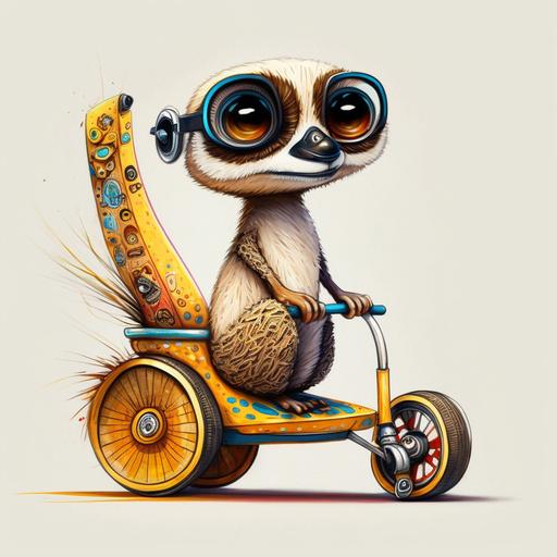 Cartoon meerkat   riding a tricycle with a big front wheel, interesting angles, high quality, 3D, marker painting --q 2 --v 4