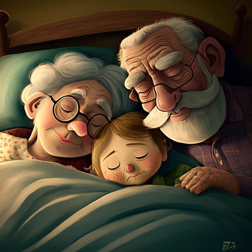 Cartoon of Grandpa, Grandma and their newborn granddaughter sleeping in bed.