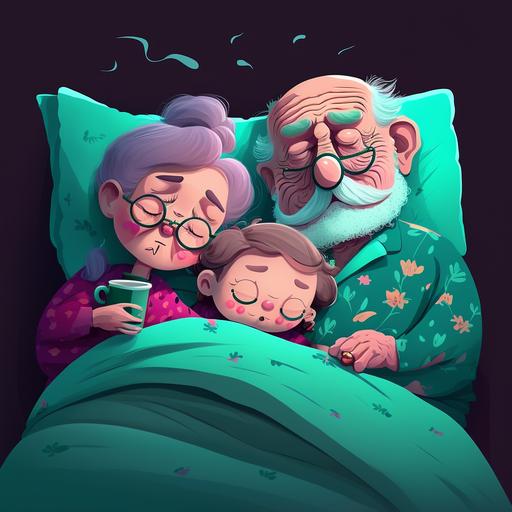 Cartoon of Grandpa, Grandma and their newborn granddaughter sleeping in bed.