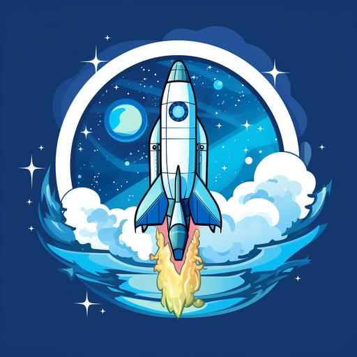 Cartoon of a blue rocket launch with a DNA logo