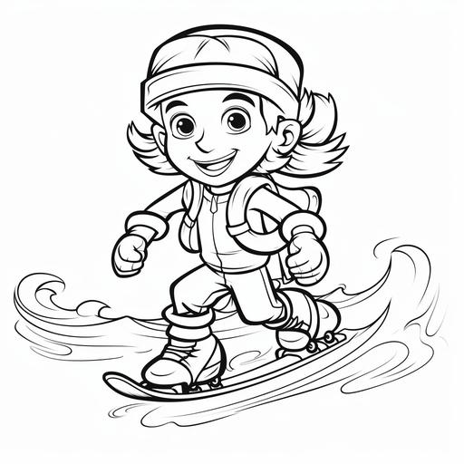 Cartoon pirate skiing, outlined in black and white with clear, thick lines for a preschool coloring book, simple cartoon style, isolated on a white background