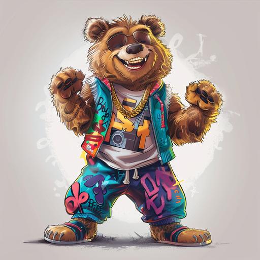 Cartoon style, disney inspired style, airbrush illustration of a Beatboxer bear, fluffy brown fur and a wide grin that stretches from ear to ear, his eyes sparkle with enthusiasm He stands tall on two sturdy legs, his posture confident and relaxed. He is wearing a colorful pair of baggy pants, with graffiti-style patterns of musical notes and boomboxes, with a matching shirt. Beatboxer Bear exudes a cool and hip vibe. Around his neck hangs a chunky gold chain His paws are adorned with fingerless gloves,